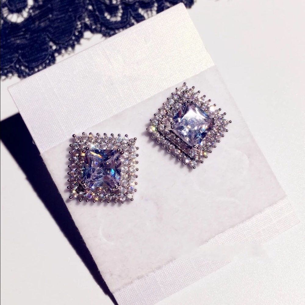 New Diamond Sterling Silver Square Studs Earrings